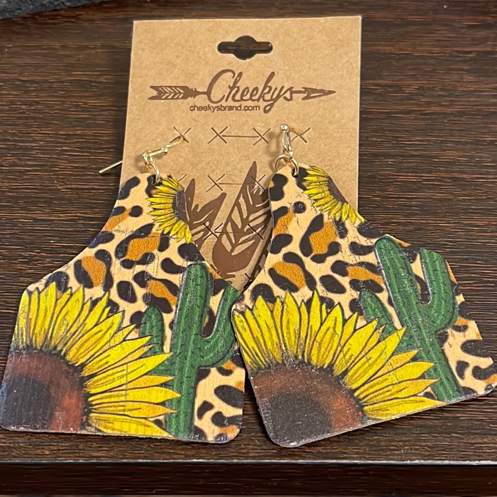 Sunflower cactus leopard cow tag earrings